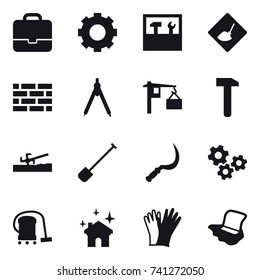 16 vector icon set : portfolio, gear, tools, under construction, brick wall, drawing compass, soil cutter, shovel, sickle, gears, vacuum cleaner, house cleaning, gloves, floor washing