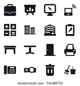 16 vector icon set : portfolio, presentation, monitor arrow, notebook wireless, calculator, district, table, door, trash bin, bucket and broom