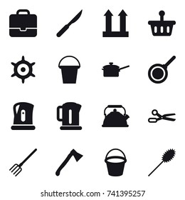 16 vector icon set : portfolio, handwheel, bucket, saute pan, pan, kettle, scissors, fork, axe, duster