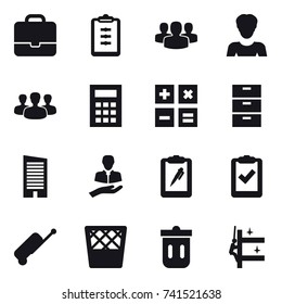 16 vector icon set : portfolio, clipboard, group, woman, calculator, skyscraper, suitcase, trash bin, skyscrapers cleaning