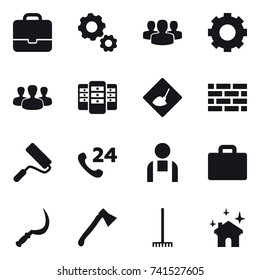 16 vector icon set : portfolio, gear, group, server, under construction, brick wall, repair, suitcase iocn, sickle, axe, rake, house cleaning