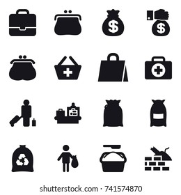 16 vector icon set : portfolio, purse, money bag, money gift, add to basket, shopping bag, passenger, baggage checking, flour, garbage bag, trash, washing powder, construct garbage