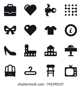 16 vector icon set : portfolio, heart, satellite, chip, bow, t-shirt, info, shoes, mansion, cottage, restaurant, dresser, hanger, chair, tv