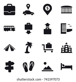 16 vector icon set : portfolio, car pointer, dollar pin, airport building, bus, baggage get, baggage, hotel, tent, palm, baggage trolley, signpost, flip-flops, landscape, bed