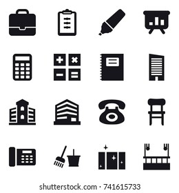 16 vector icon set : portfolio, clipboard, marker, presentation, calculator, copybook, skyscraper, building, chair, bucket and broom, clean  window, skyscapers cleaning