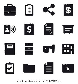 16 vector icon set : portfolio, clipboard, share, receipt, pass card, account balance, atm receipt, copybook, slum, modular house