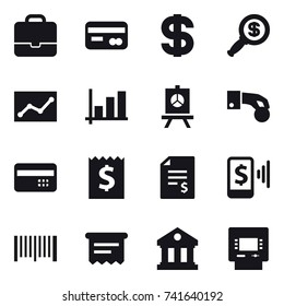 16 vector icon set : portfolio, card, dollar, dollar magnifier, statistic, graph, presentation, hand coin, credit card, receipt, account balance, mobile pay, barcode, receipt, library, atm