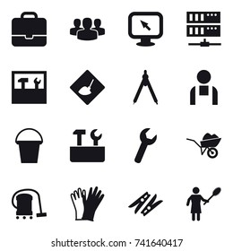 16 vector icon set : portfolio, group, monitor arrow, server, tools, under construction, drawing compass, bucket, repair tools, wheelbarrow, vacuum cleaner, gloves, clothespin, woman with pipidaster