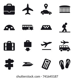 16 vector icon set : portfolio, plane, car pointer, airport building, dome house, bus, taxi, tourist, suitcase, baggage get, departure, transfer, signpost, yacht, inflatable mattress, flip-flops