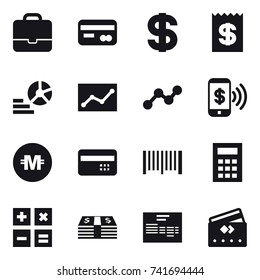 16 vector icon set : portfolio, card, dollar, receipt, diagram, statistic, graph, phone pay, crypto currency, credit card, barcode, calculator