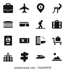 16 vector icon set : portfolio, plane, dollar pin, greate wall, airport building, bus, tourist, suitcase, passport, ticket, hotel, baggage trolley, signpost, yacht, landscape