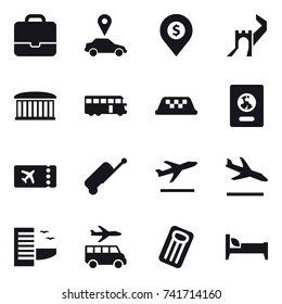 16 vector icon set : portfolio, car pointer, dollar pin, greate wall, airport building, bus, taxi, passport, ticket, suitcase, departure, arrival, hotel, transfer, inflatable mattress, bed
