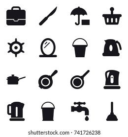 16 vector icon set : portfolio, handwheel, mirror, bucket, kettle, saute pan, pan, water tap, plunger