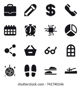 16 vector icon set : portfolio, pencil, dollar, phone, calendar, alarm clock, chip, diagram, molecule, remove from basket, arch window, disco ball, slippers, soil cutter