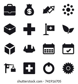 16 vector icon set : portfolio, money bag, up down arrow, round around, box, 3d, building helmet, first aid, flower