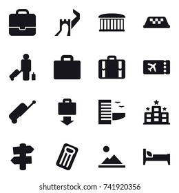 16 vector icon set : portfolio, greate wall, airport building, taxi, passenger, suitcase iocn, suitcase, ticket, baggage get, hotel, signpost, inflatable mattress, landscape, bed