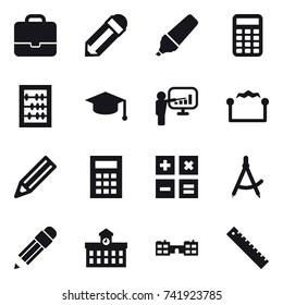 16 vector icon set : portfolio, pencil, marker, calculator, abacus, graduate hat, presentation, electrostatic, draw compass, university, school, ruler