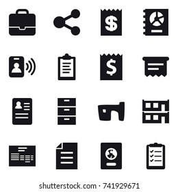 16 vector icon set : portfolio, share, receipt, annual report, pass card, clipboard, atm receipt, slum, modular house, passport, clipboard list