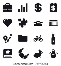 16 vector icon set : portfolio, graph, dollar, receipt, heart, puzzle, scales, airport building, bike, rabbit, apron