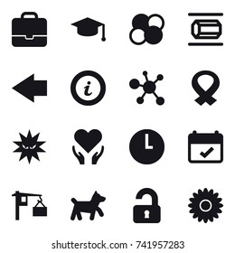16 vector icon set : portfolio, graduate hat, atom core, nanotube, left arrow, info, dog, unlocked, flower