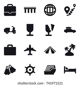 16 vector icon set : portfolio, bridge, car baggage, suitcase iocn, airplane, tent, island, flippers, handwheel, cruise ship, bed