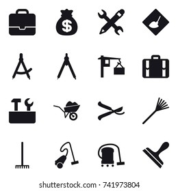 16 vector icon set : portfolio, money bag, pencil wrench, under construction, draw compass, drawing compass, suitcase, repair tools, wheelbarrow, pruner, rake, vacuum cleaner, scraper