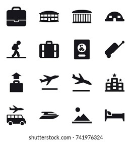 16 vector icon set : portfolio, airport building, dome house, tourist, suitcase, passport, baggage, departure, arrival, hotel, transfer, yacht, landscape, bed