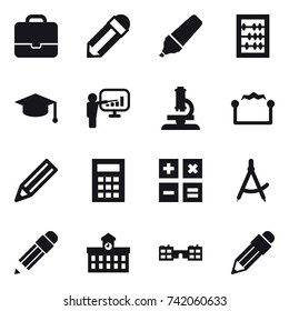 16 vector icon set : portfolio, pencil, marker, abacus, graduate hat, presentation, microscope, electrostatic, calculator, draw compass, university, school
