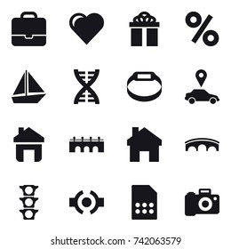 16 vector icon set : portfolio, heart, gift, percent, boat, dna, smart bracelet, car pointer, home, bridge