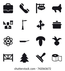 16 vector icon set : portfolio, phone, store signboard, megafon, architector, outdoor light, pan, beet, farm fence, spruce, scraper, toilet paper
