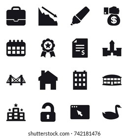 16 vector icon set : portfolio, crisis, marker, money gift, calendar, medal, account balance, castle, bridge, home, building, airport building, hotel, unlocked, goose