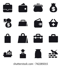 16 vector icon set : portfolio, wallet, purse, money bag, money gift, shopping bag, add to basket, suitcase icon, baggage checking, baggage, construct garbage
