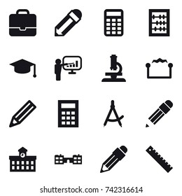 16 vector icon set : portfolio, pencil, calculator, abacus, graduate hat, presentation, microscope, electrostatic, draw compass, university, school, ruler