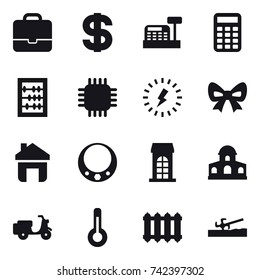 16 vector icon set : portfolio, dollar, cashbox, calculator, abacus, chip, lightning, bow, home, necklace, building, mansion, thermometer, radiator, soil cutter