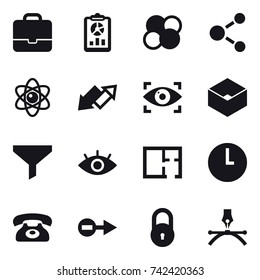 16 vector icon set : portfolio, report, atom core, molecule, atom, up down arrow, eye identity, box, funnel, plan, phone