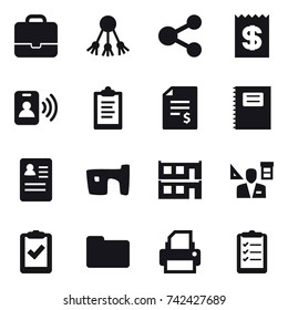 16 vector icon set : portfolio, share, receipt, pass card, clipboard, account balance, copybook, slum, modular house, architector, clipboard list
