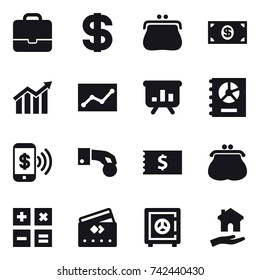 16 vector icon set : portfolio, dollar, purse, money, diagram, statistic, presentation, annual report, phone pay, hand coin, receipt, calculator, credit card, safe, housing