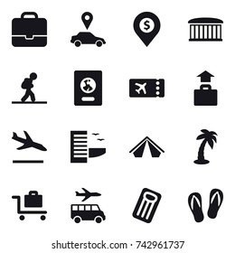 16 vector icon set : portfolio, car pointer, dollar pin, airport building, tourist, passport, ticket, baggage, arrival, hotel, tent, palm, baggage trolley, transfer, inflatable mattress, flip-flops