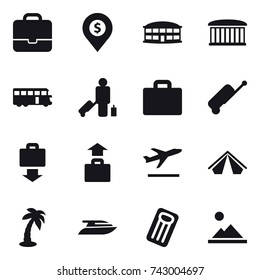 16 vector icon set : portfolio, dollar pin, airport building, bus, passenger, suitcase iocn, suitcase, baggage get, baggage, departure, tent, palm, yacht, inflatable mattress, landscape
