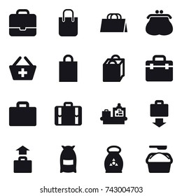 16 vector icon set : portfolio, shopping bag, purse, add to basket, suitcase iocn, suitcase, baggage checking, baggage get, baggage, flour, fertilizer, washing powder