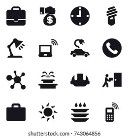16 vector icon set : portfolio, money gift, clock, bulb, table lamp, notebook wireless, electric car, phone, fountain, building helmet, suitcase iocn, sun, plate washing