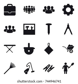 16 vector icon set : portfolio, team, group, gear, tools, nail, drawing compass, iron board, rag, wheelbarrow, rake, vacuum cleaner, clothespin, woman with pipidaster