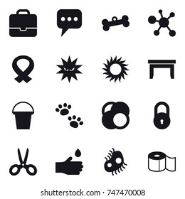 16 vector icon set : portfolio, message, bone, sun, table, bucket, pets, scissors, hand drop, microb, toilet paper