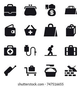 16 vector icon set : portfolio, purse, money gift, shopping bag, wallet, add to basket, tourist, suitcase, baggage trolley, washing powder, construct garbage