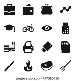 16 vector icon set : portfolio, wallet, purse, graph, graduate hat, bike, mall, knife, fork