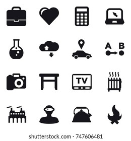 16 vector icon set : portfolio, heart, calculator, notebook, round flask, cloude service, car pointer, camera, stool, tv, radiator, kettle, fire