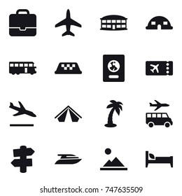 16 vector icon set : portfolio, plane, airport building, dome house, bus, taxi, passport, ticket, arrival, tent, palm, transfer, signpost, yacht, landscape, bed
