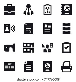 16 vector icon set : portfolio, share, report, annual report, pass card, account balance, slum, modular house, architector, passport