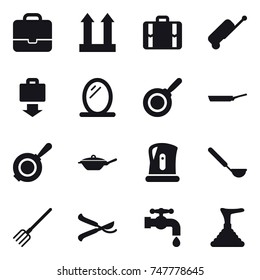 16 vector icon set : portfolio, suitcase, baggage get, mirror, pan, kettle, ladle, fork, pruner, water tap, plunger