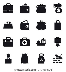 16 vector icon set : portfolio, wallet, purse, money gift, shopping bag, baggage checking, baggage get, baggage, fertilizer, construct garbage